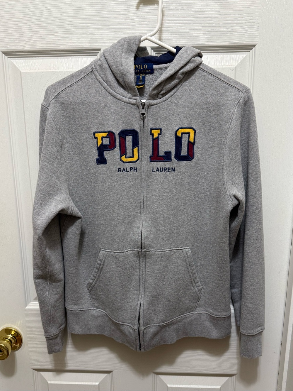Polo Ralph Lauren Youth XL 18-20 Gray Zip Hoodie Colorblock POLO Letters Pony